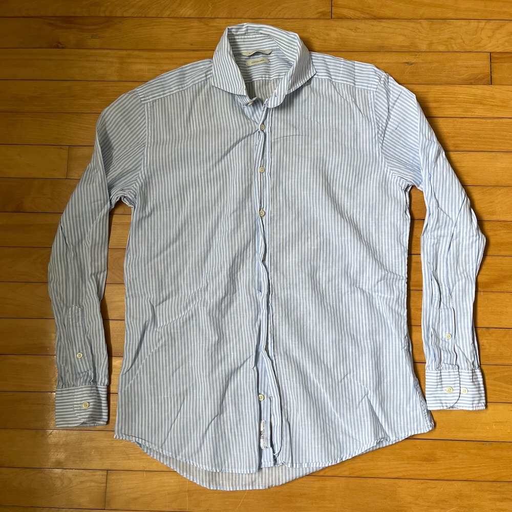 Suitsupply Mens 16 41 Cotton Linen Striped Shirt Blue Testa Italian Fabric Slim
